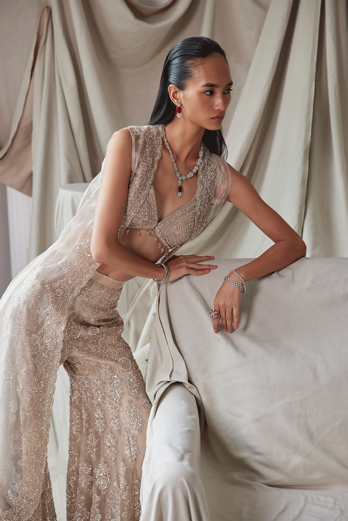 BEIGE EMBROIDRED INDO-WESTERN SET