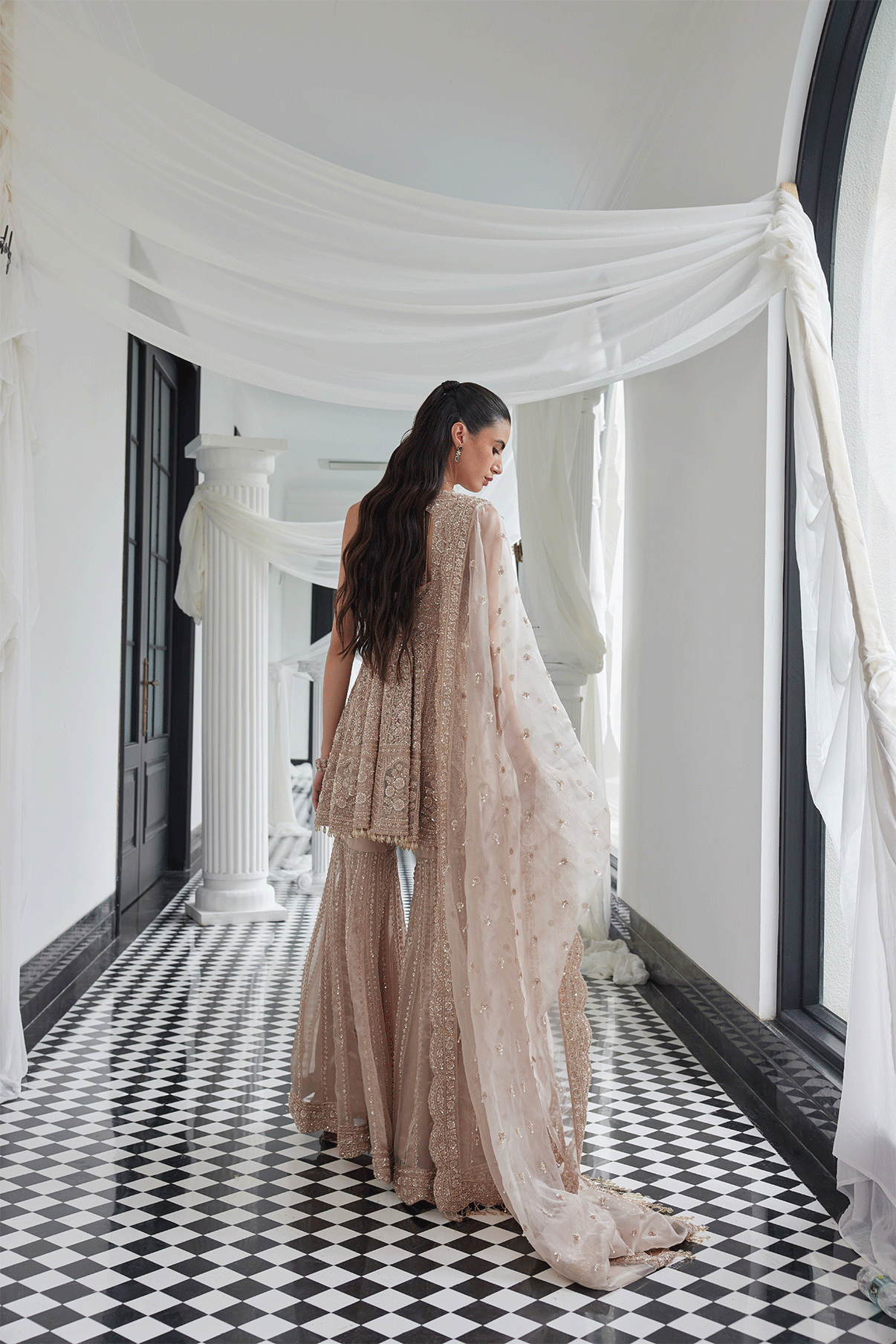 BEIGE SELF ON SELF PEPLUM-SHARARA SET