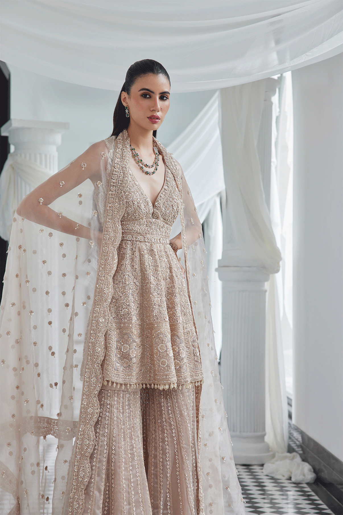 BEIGE SELF ON SELF PEPLUM-SHARARA SET