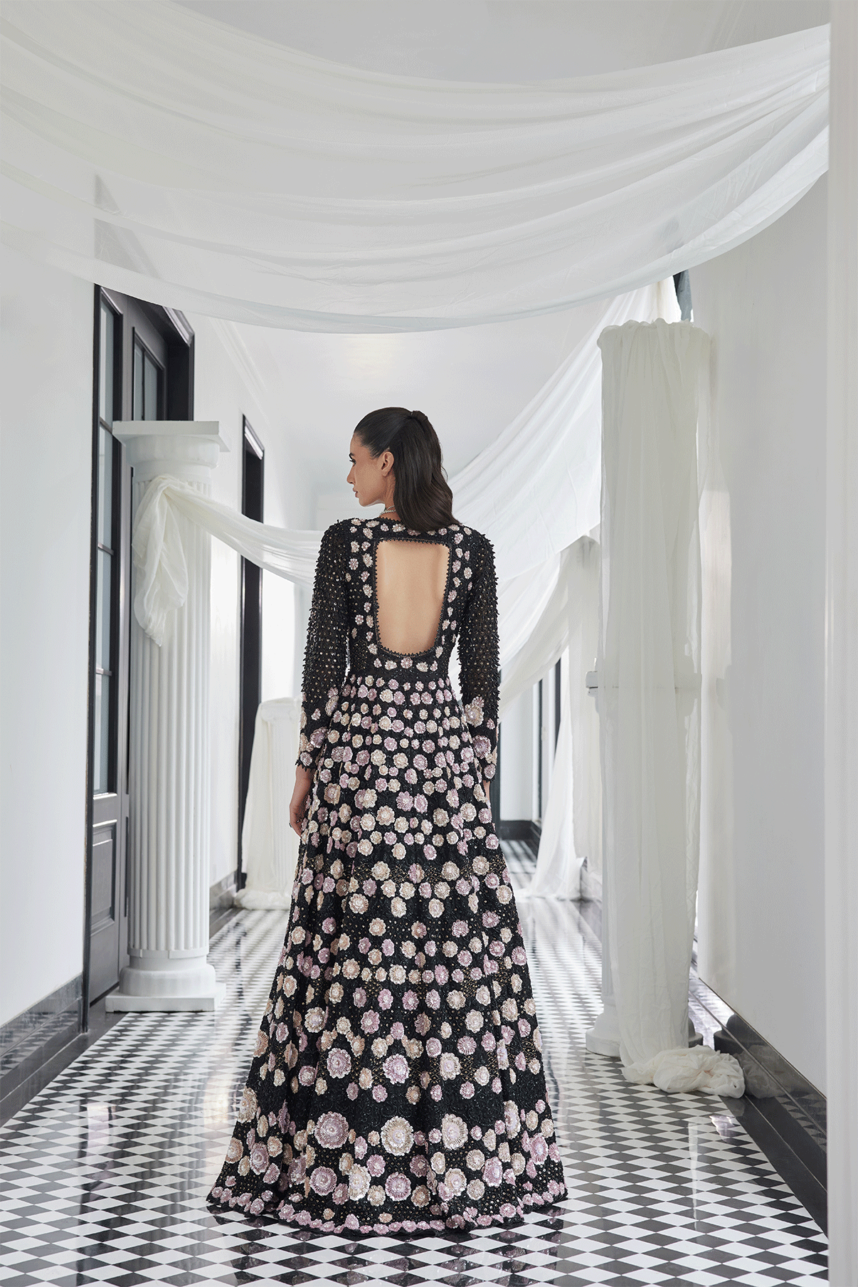 BLACK PATCHWORK JACKET-GOWN SET