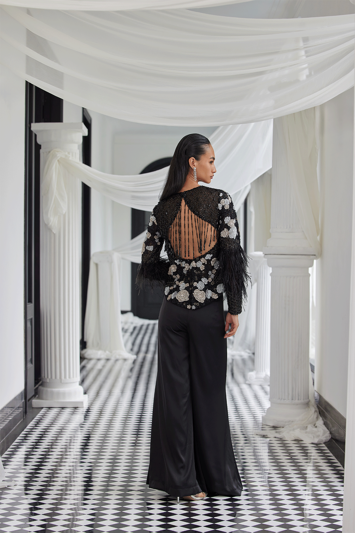 BLACK PATCHWORK TOP WITH SATIN PANTS