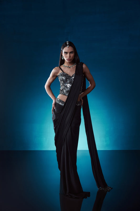 BLACK CORSET DRAPE SAREE SET