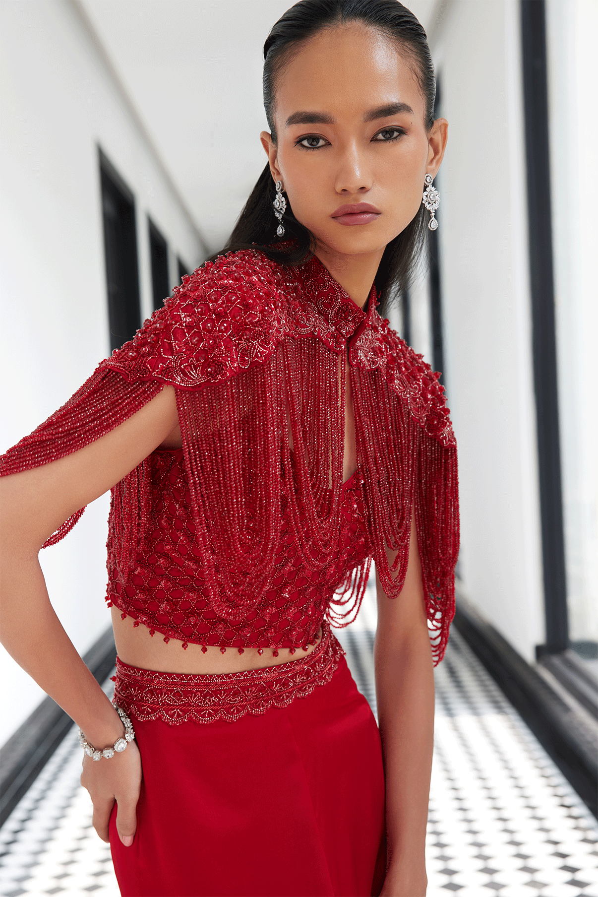 RED CRSYTAL CAPE WITH A SATIN SLIT SKIRT