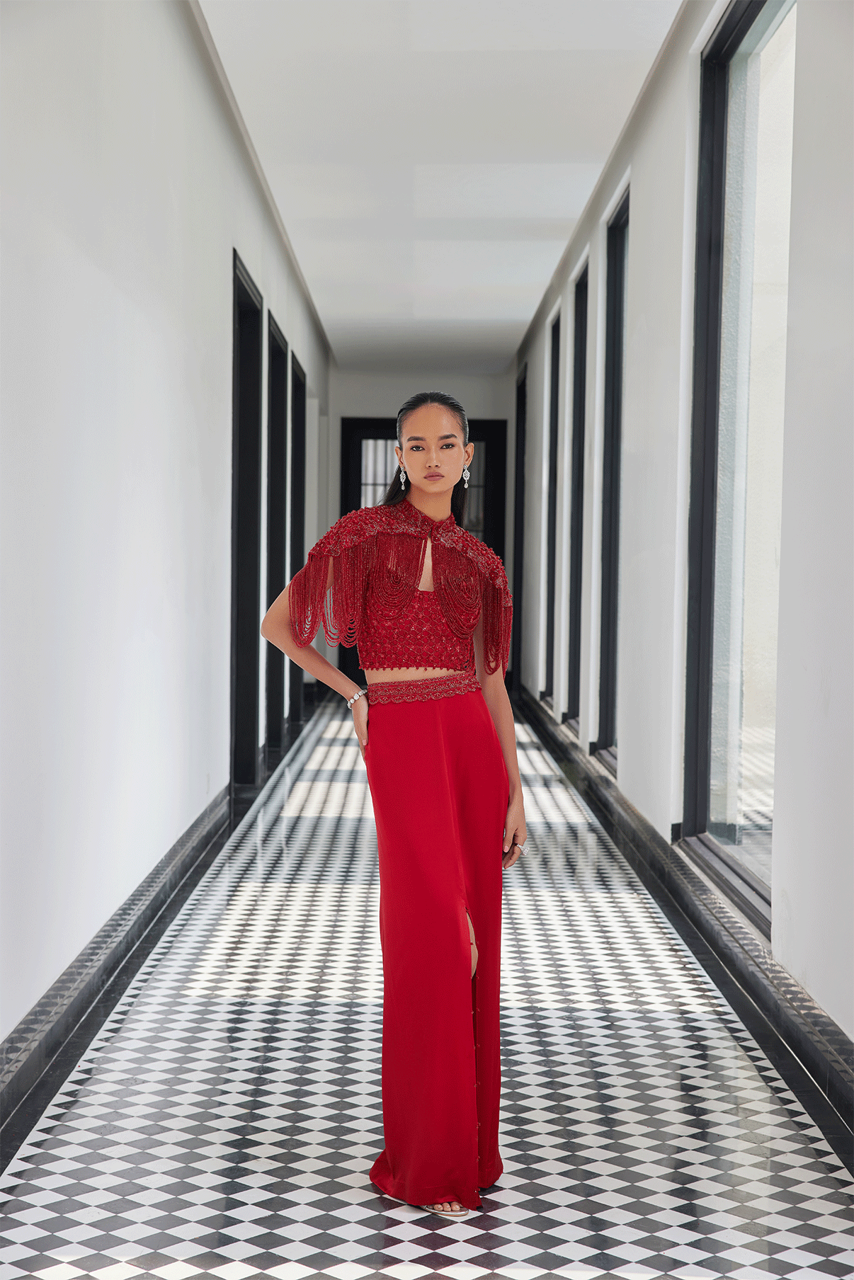 RED CRSYTAL CAPE WITH A SATIN SLIT SKIRT