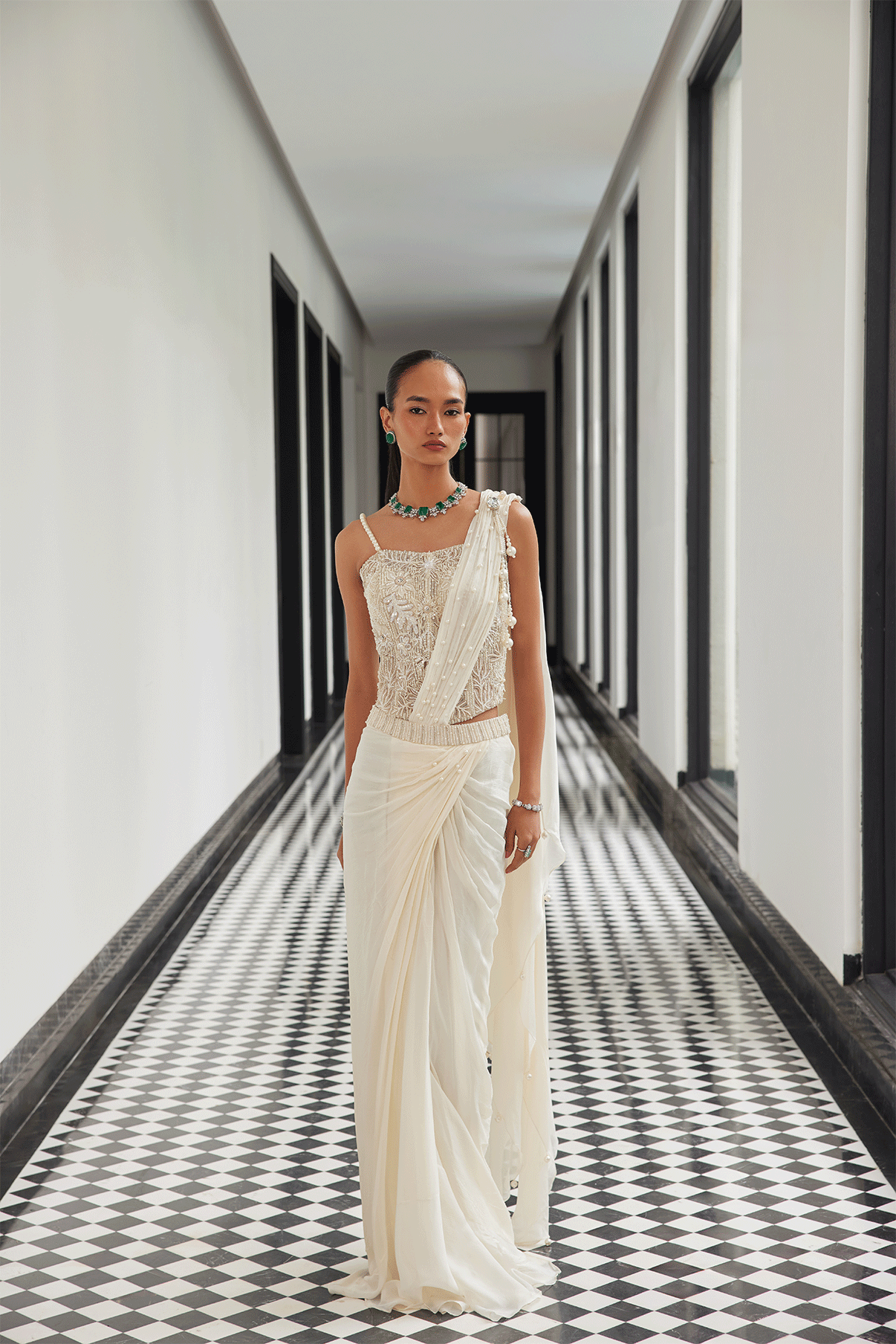 IVORY DRAPE SAREE WITH A CORSET BLOUSE – Istya