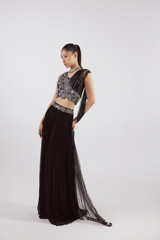 BLACK GEORGETTE INDOWESTERN SAREE SET