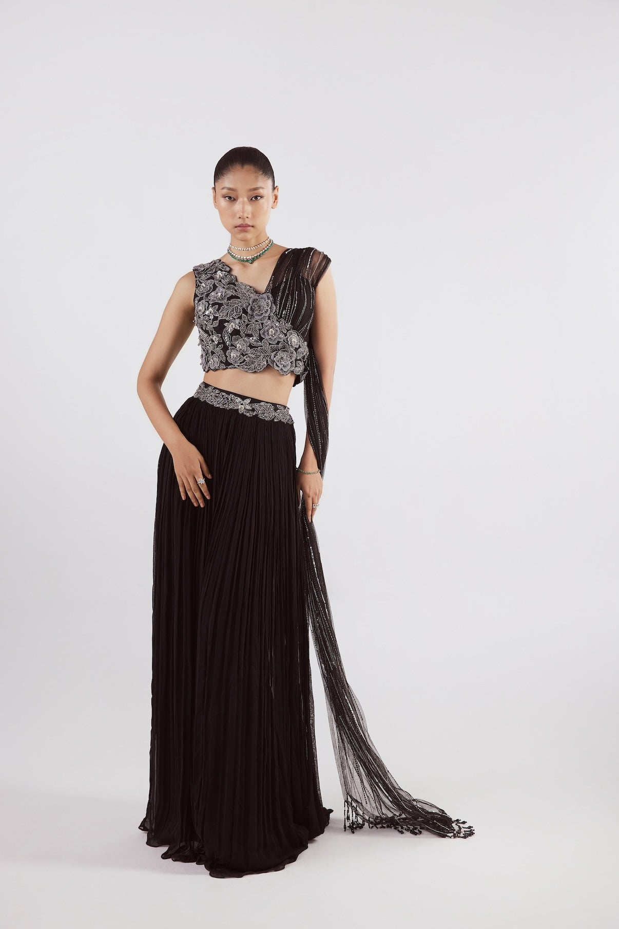 BLACK GEORGETTE INDOWESTERN SAREE SET