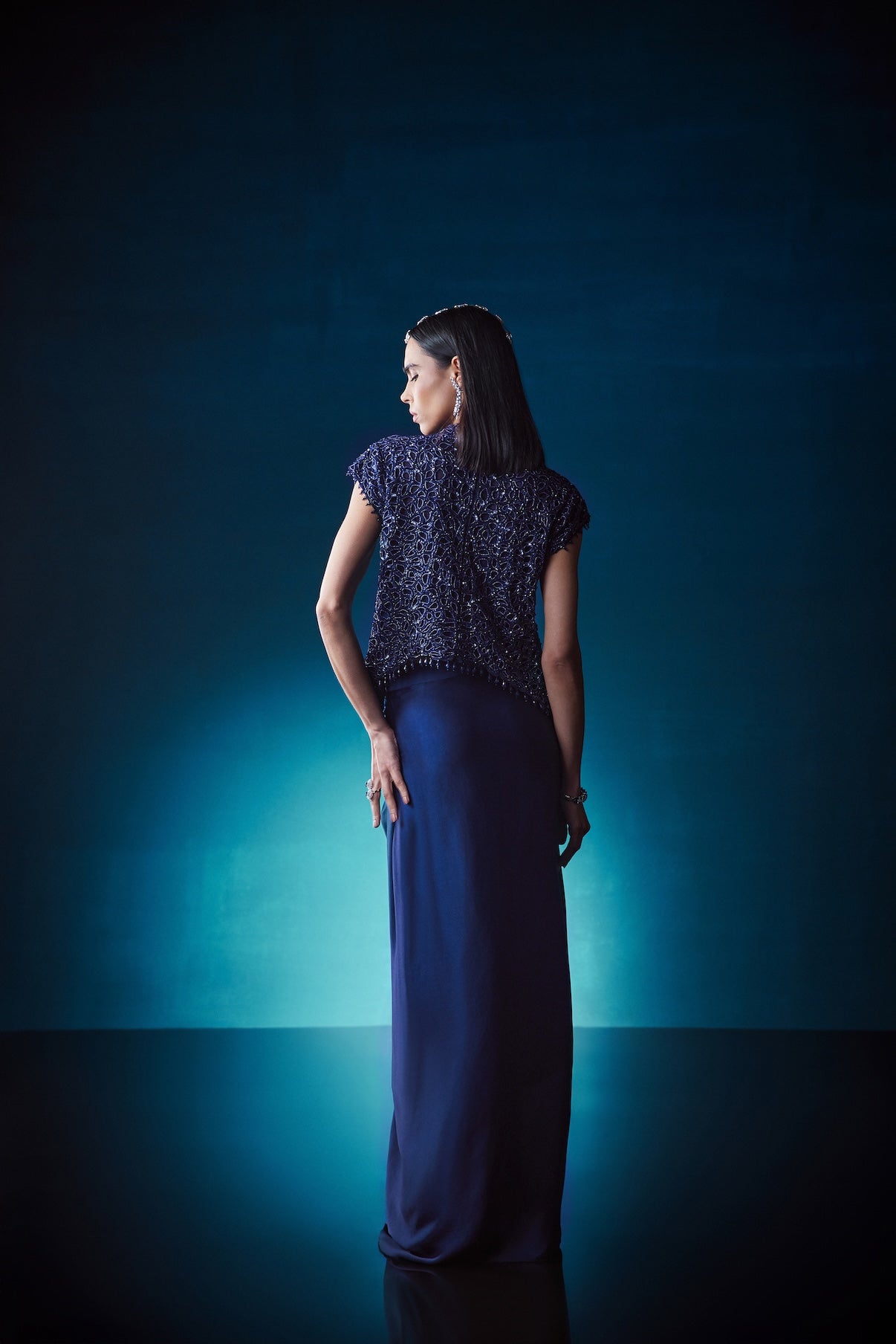 NAVY CUTWORK TOP WITH DRAPE SKIRT