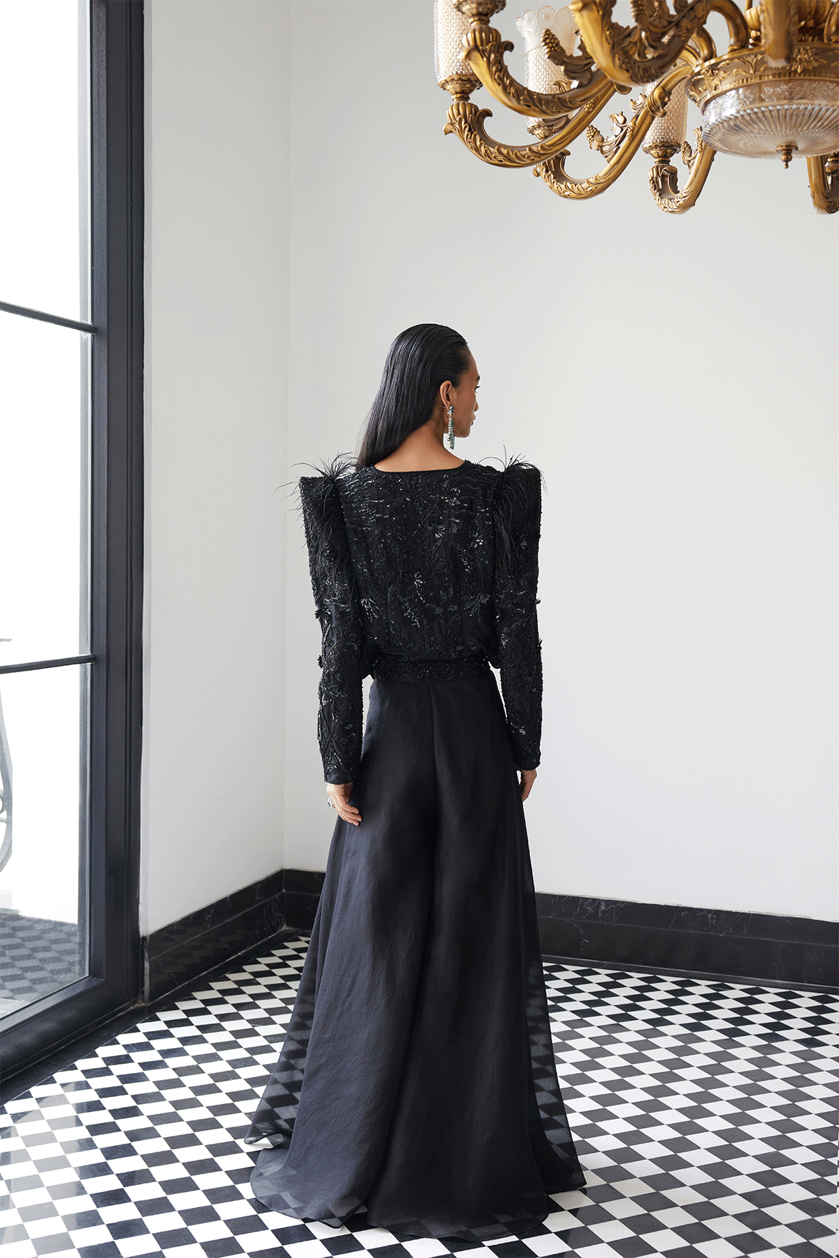 BLACK ORGANZA JACKET WITH PANTS SET