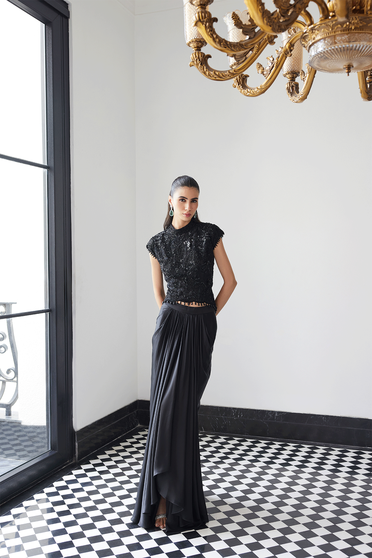 BLACK SELF ON SELF TOP WITH DRAPE SKIRT