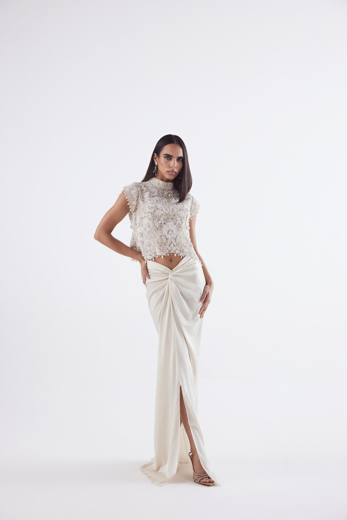 IVORY SELF ON SELF TOP WITH DRAPE SKIRT