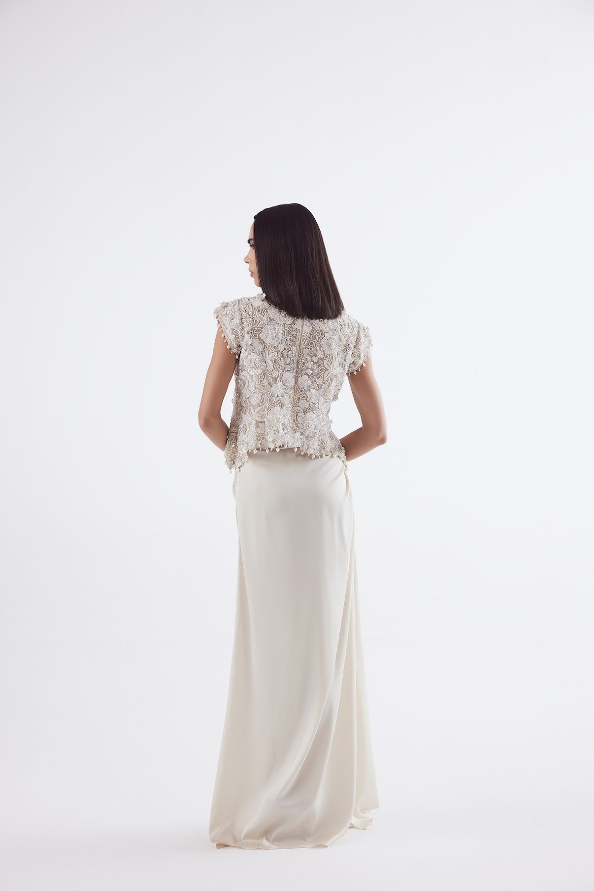 IVORY SELF ON SELF TOP WITH DRAPE SKIRT