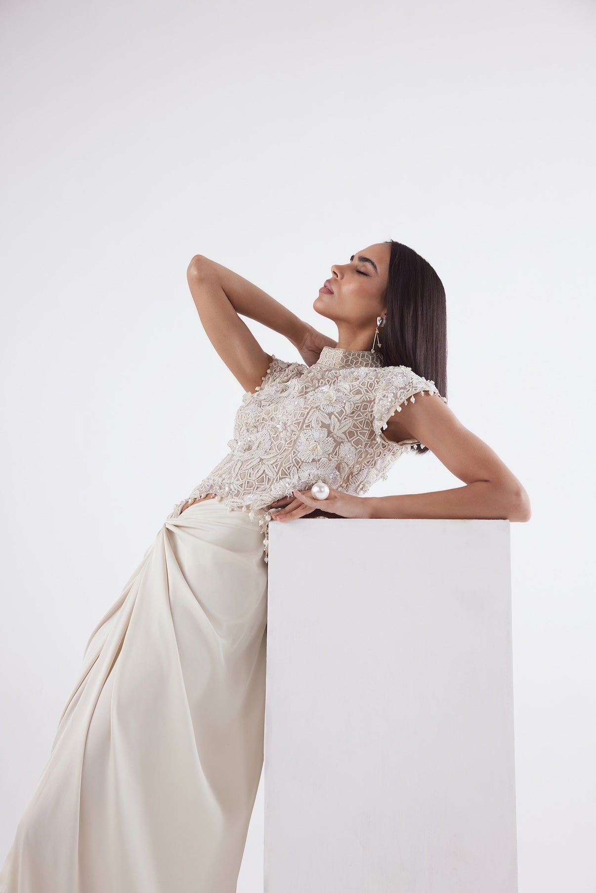 IVORY SELF ON SELF TOP WITH DRAPE SKIRT