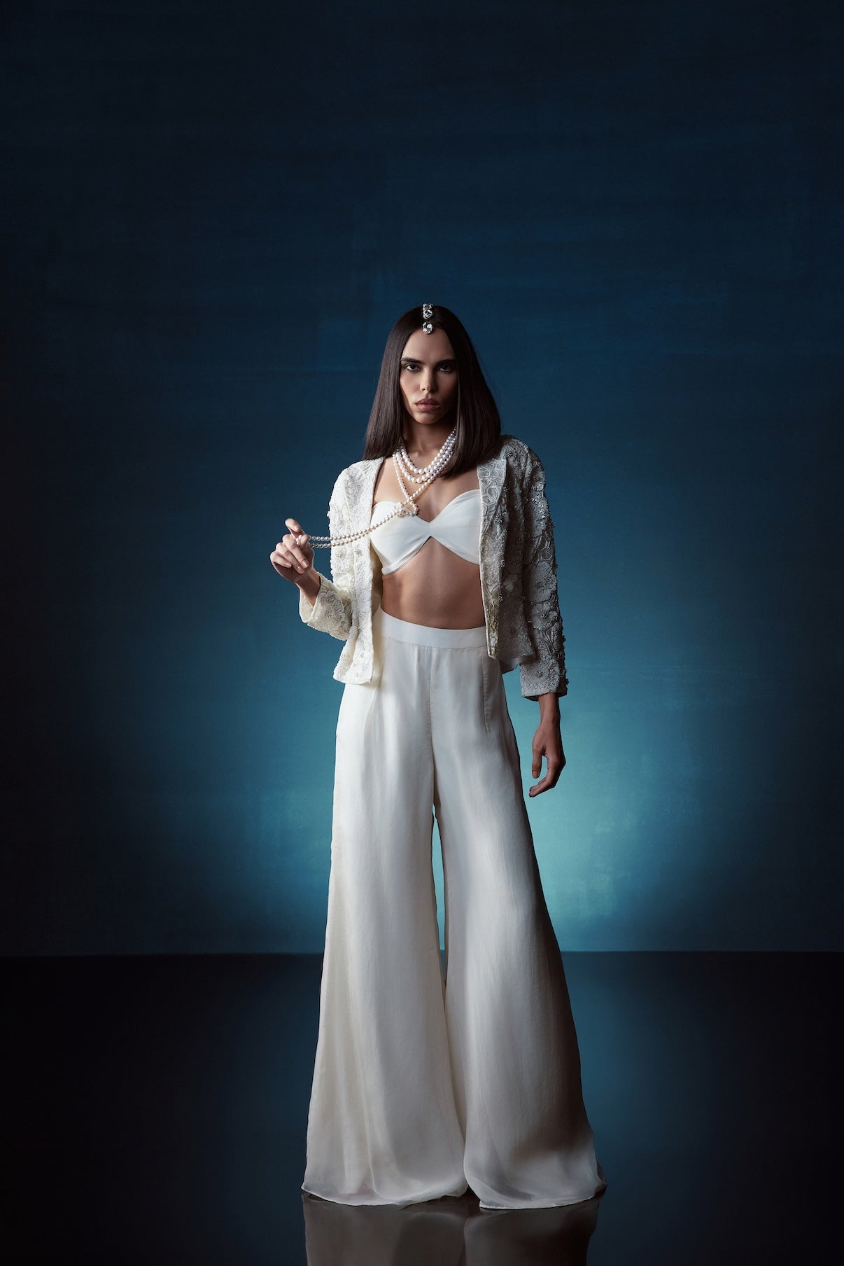 IVORY EMBROIDERED SHORT JACKET WITH PANTS SET