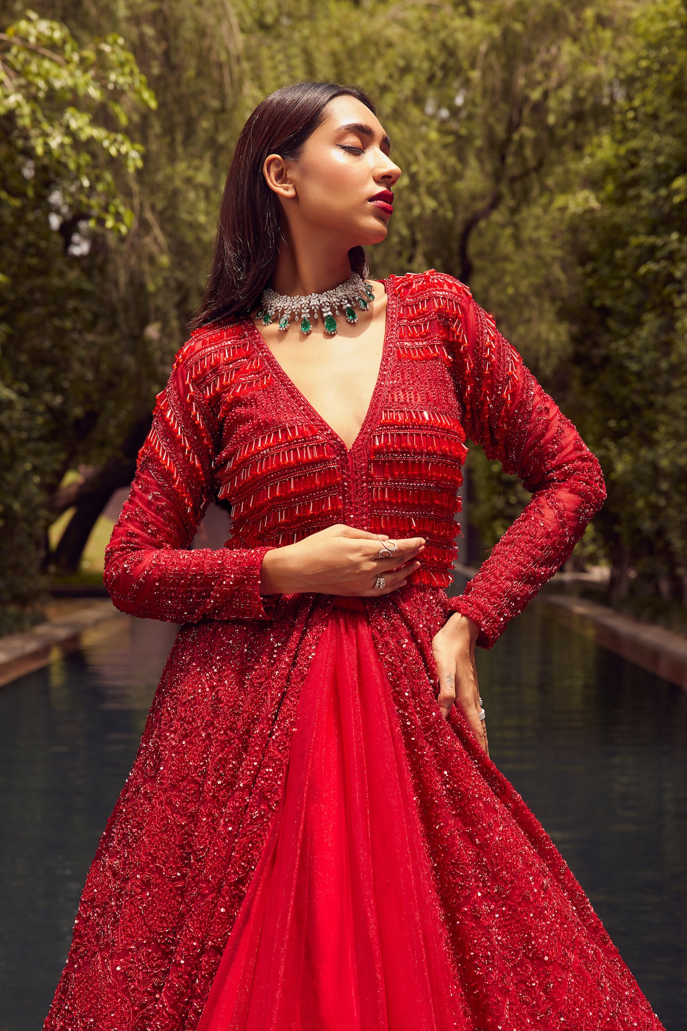 RED JACKET GOWN WITH NET SKIRT