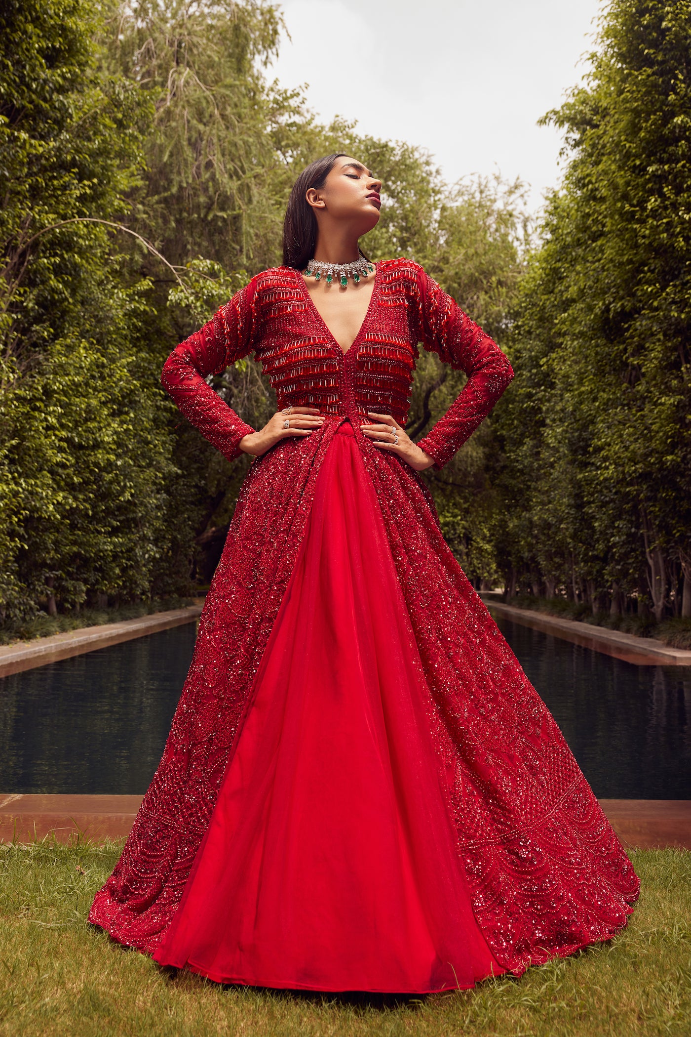 RED JACKET GOWN WITH NET SKIRT