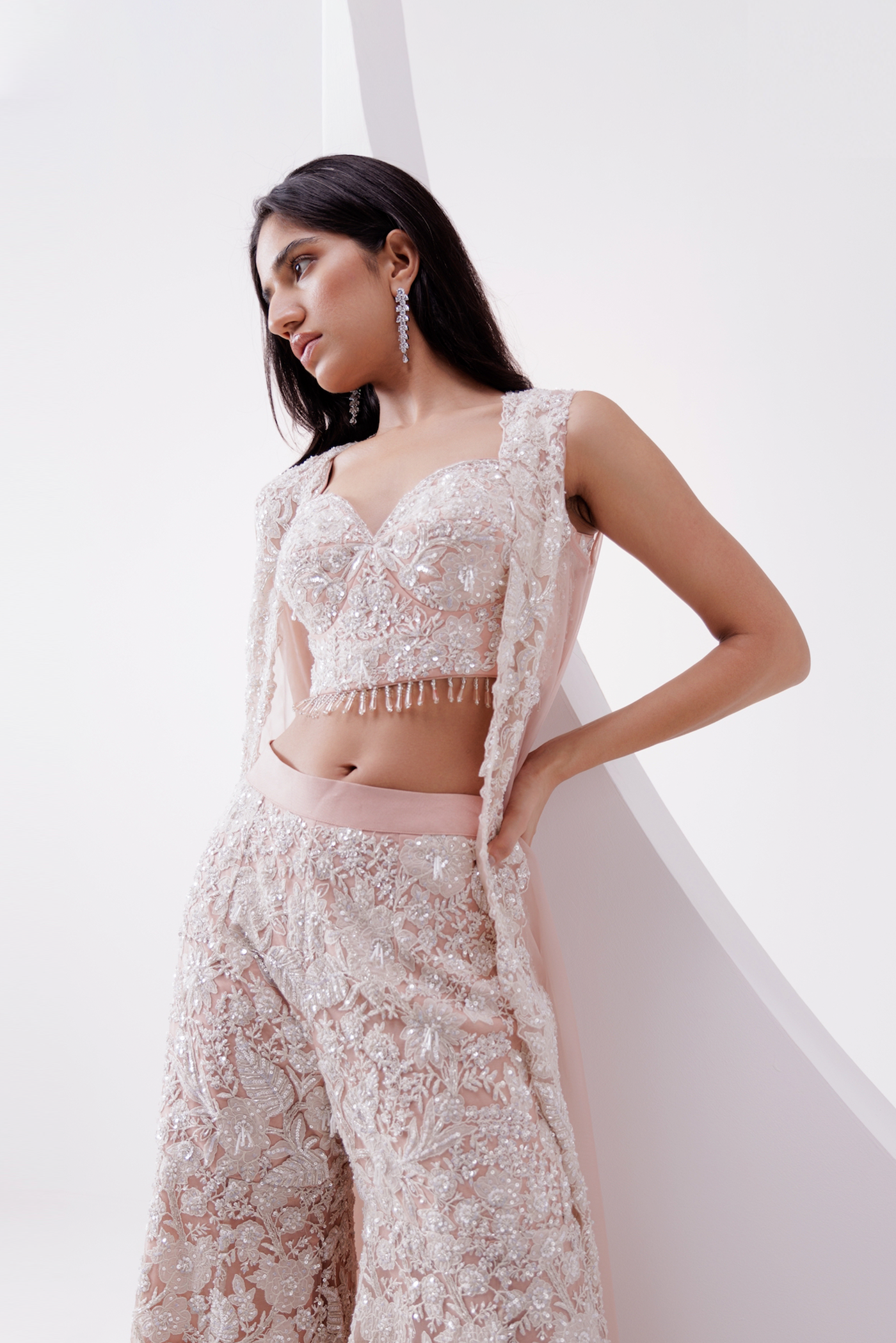 PEACH APPLIQUE INDO WESTERN JACKET SET WITH FLARED PANTS