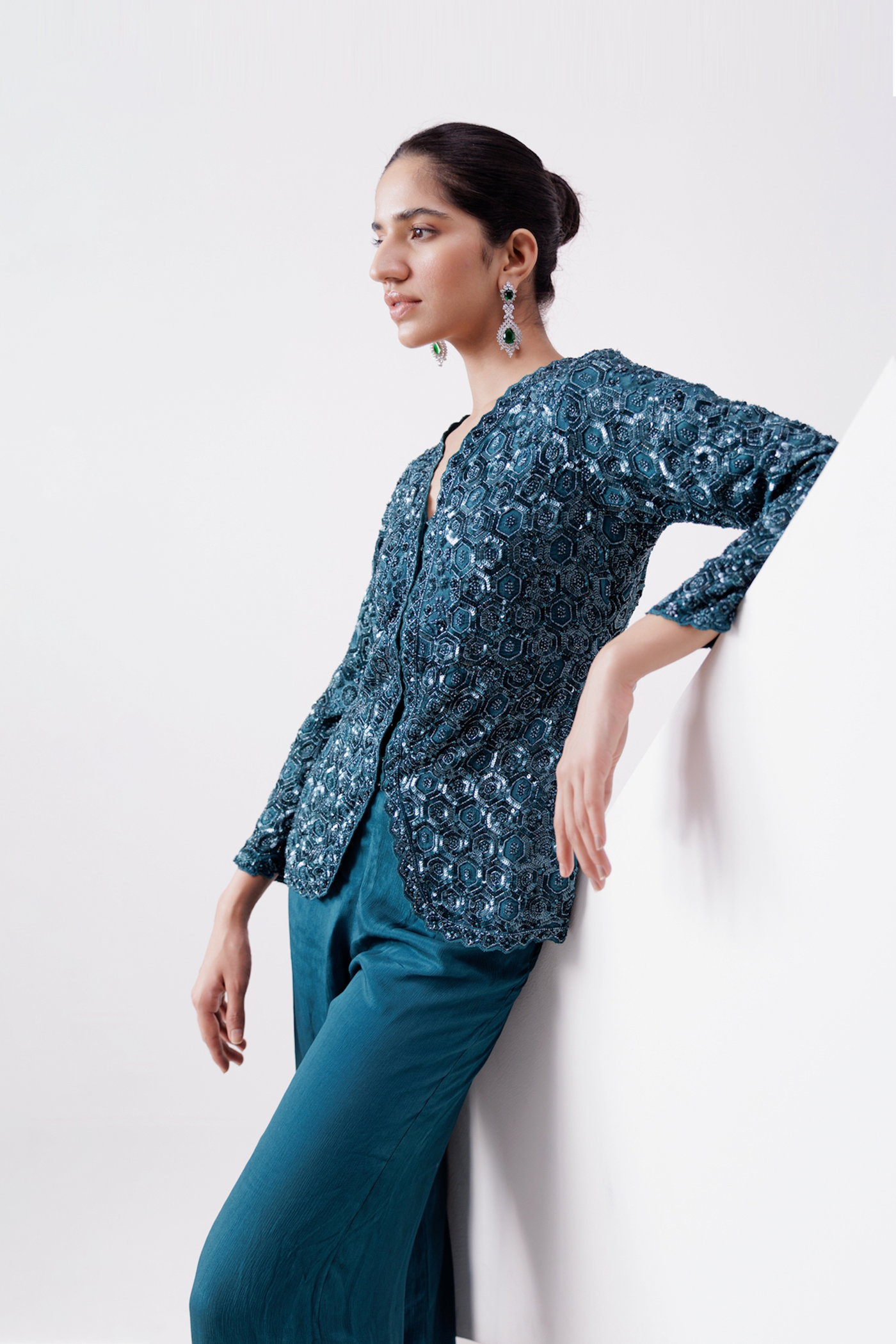 TEAL CHINON INDOWESTERN JACKET WITH PANTS