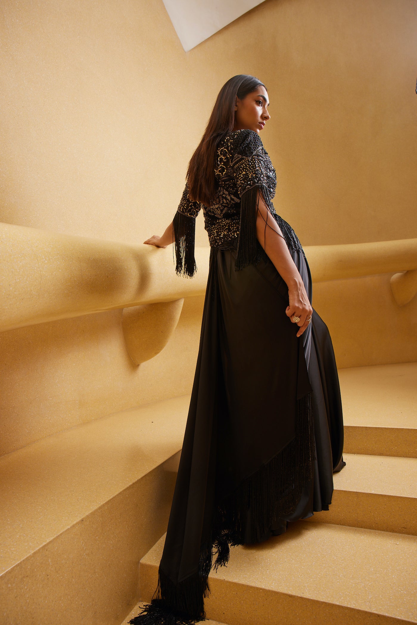BLACK DRAPE SAREE WITH A CAPE JACKET