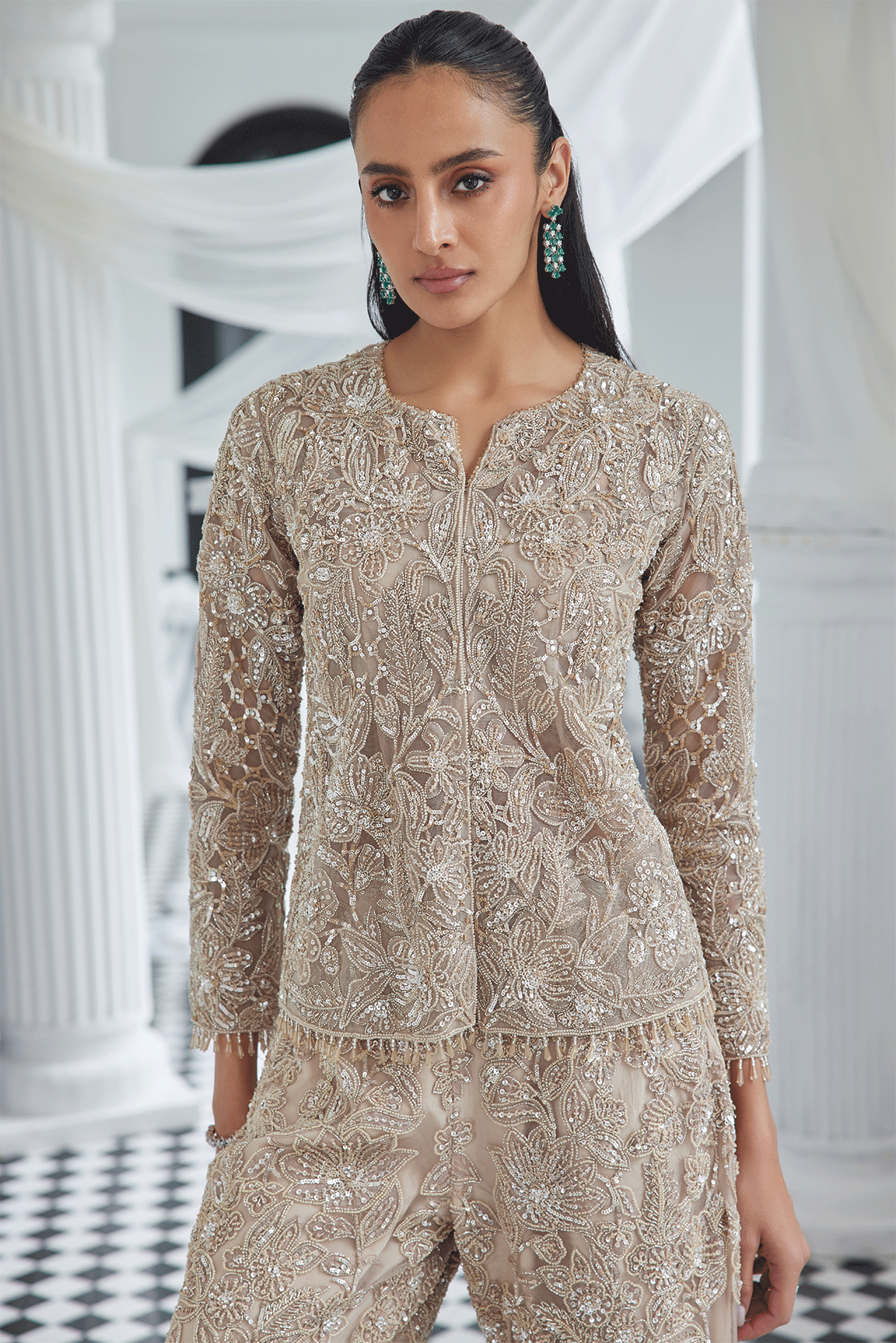 BEIGE SELF ON SELF EMBROIDRED COORD SET