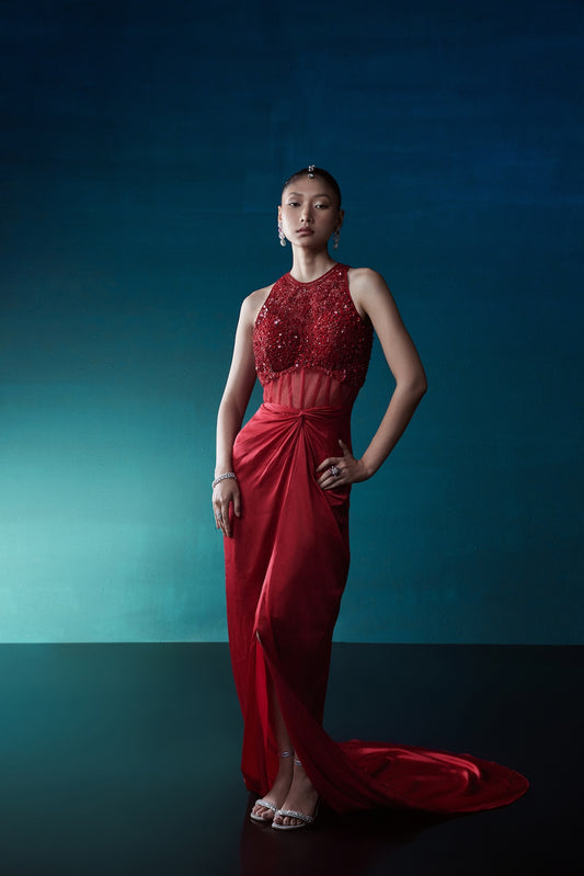 RED COCKTAIL GOWN WITH TRAIL