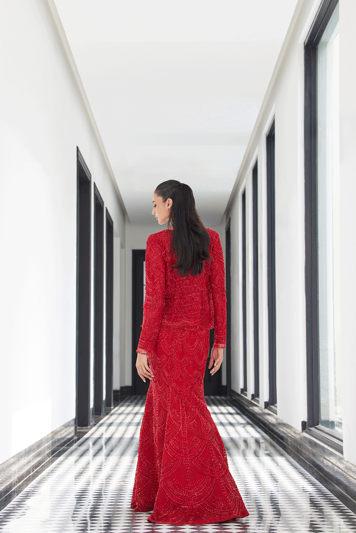 RED ON RED FISH CUT LEHENGA WITH A SHORT JACKET