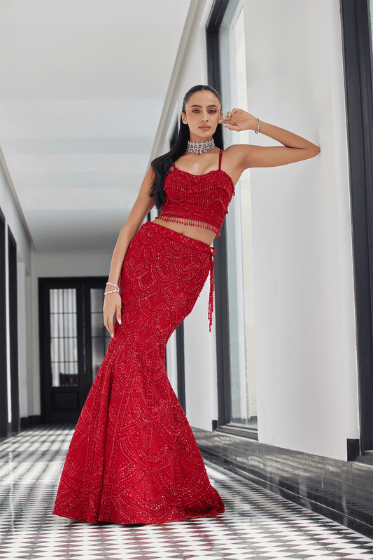 RED ON RED FISH CUT LEHENGA WITH A SHORT JACKET