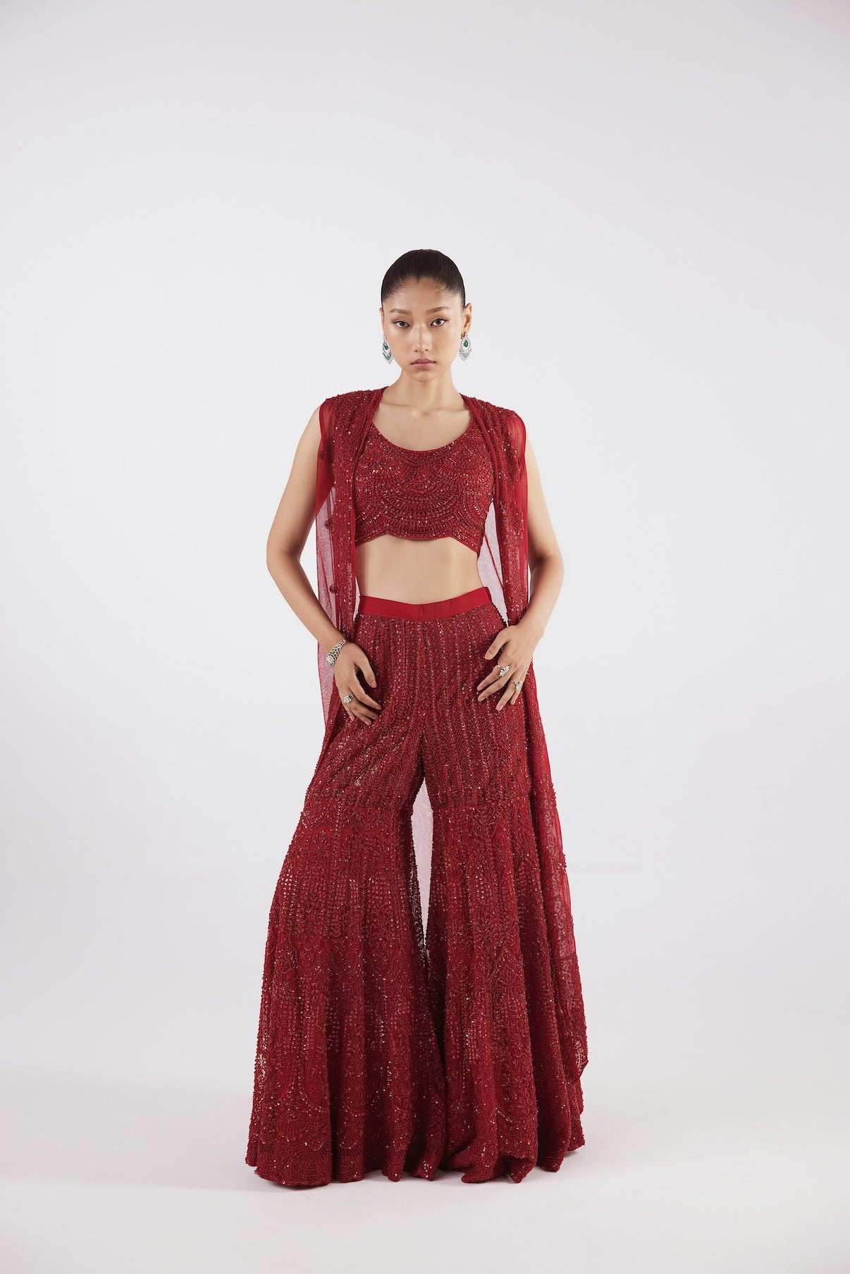 RED INDOWESTERN  JACKET SET WITH FLAIRED PANTS