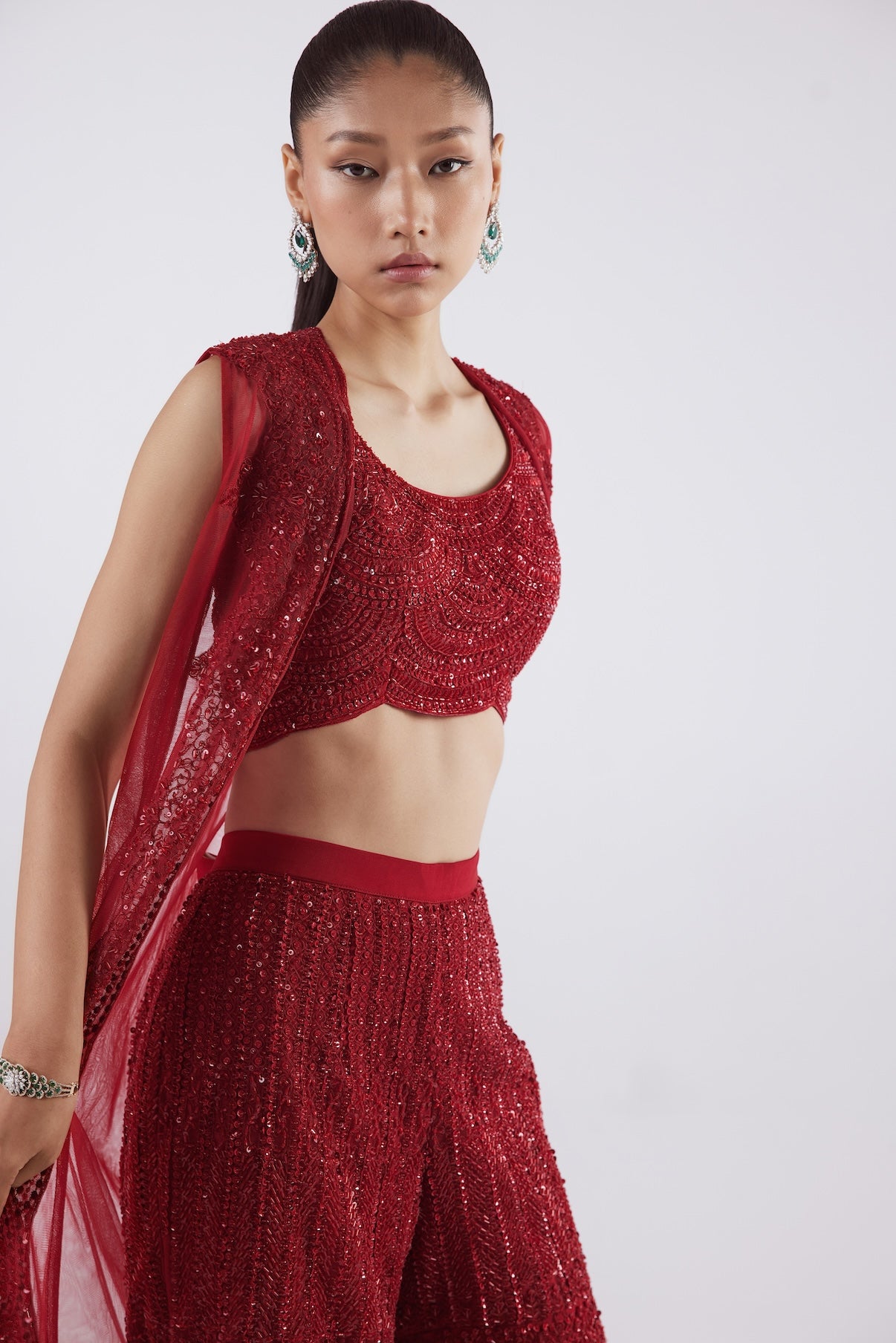 RED INDOWESTERN  JACKET SET WITH FLAIRED PANTS