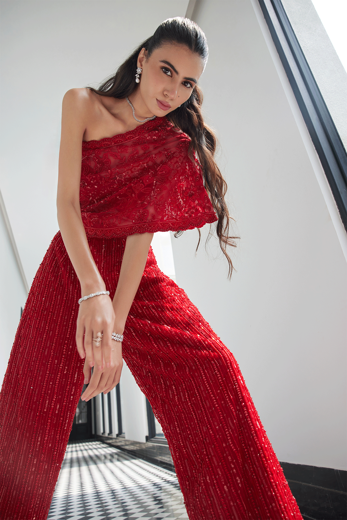 RED OFFSHOULDER TOP WITH EMBROIDERED PANTS