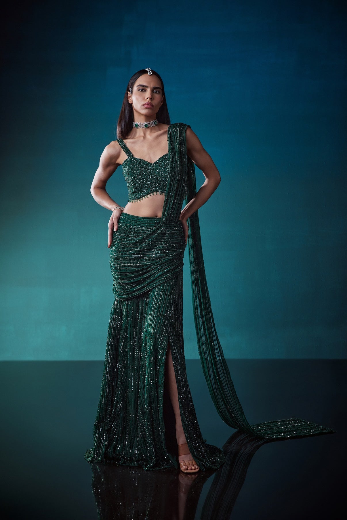 EMERALD DRAPE SAREE WITH A SLIT SKIRT