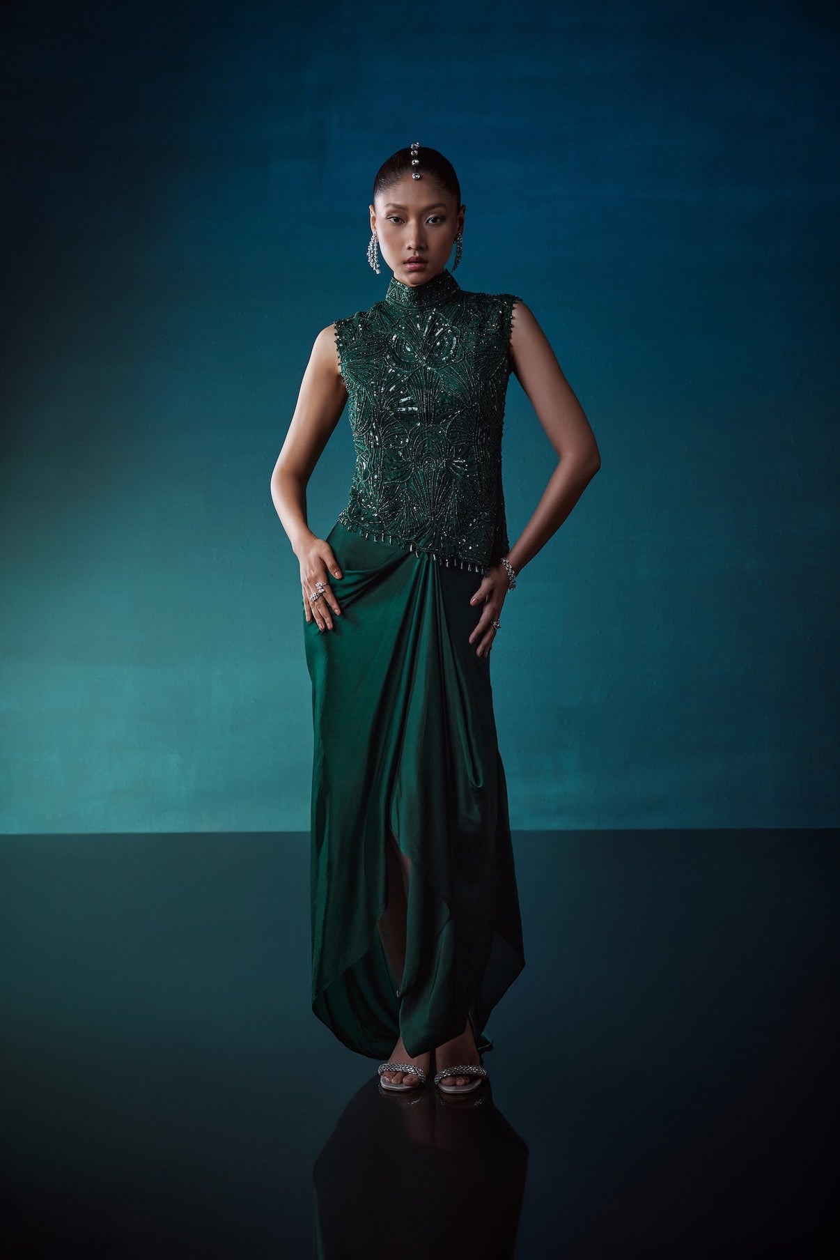 EMERALD SELF ON SELF TOP WITH DRAPE SKIRT