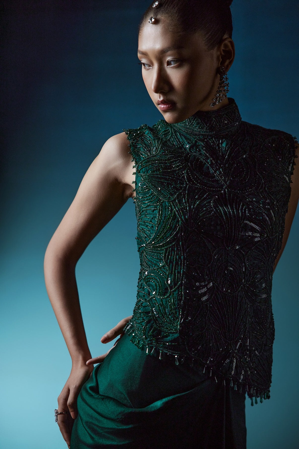 EMERALD SELF ON SELF TOP WITH DRAPE SKIRT