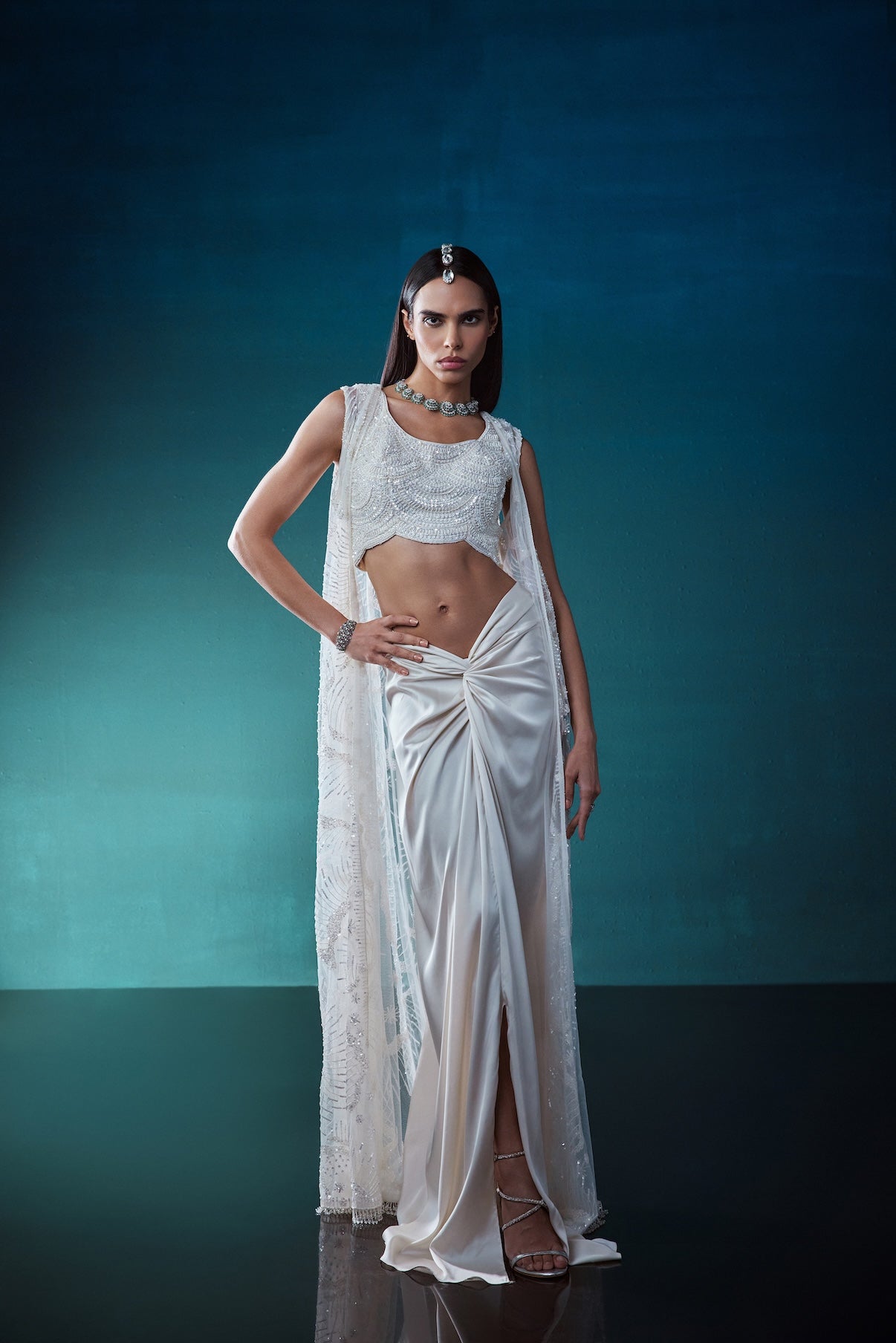 IVORY INDOWESTERN JACKET SET WITH DRAPED SKIRT