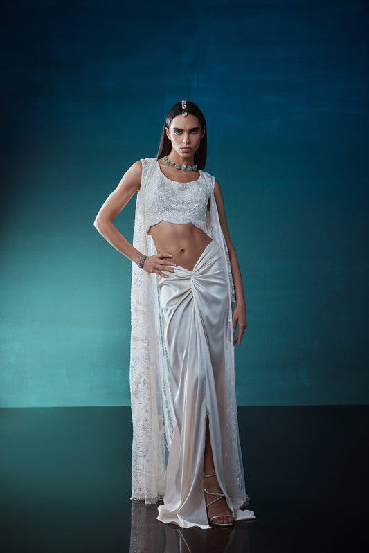 IVORY INDOWESTERN  JACKET SET WITH DRAPED SKIRT