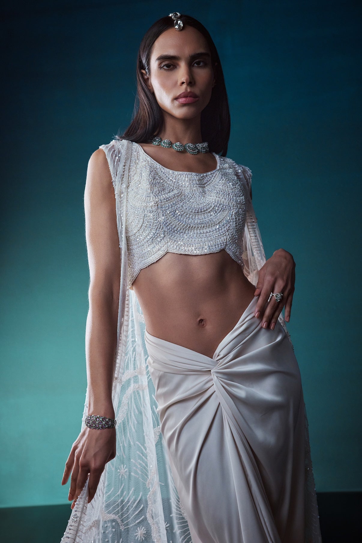 IVORY INDOWESTERN JACKET SET WITH DRAPED SKIRT