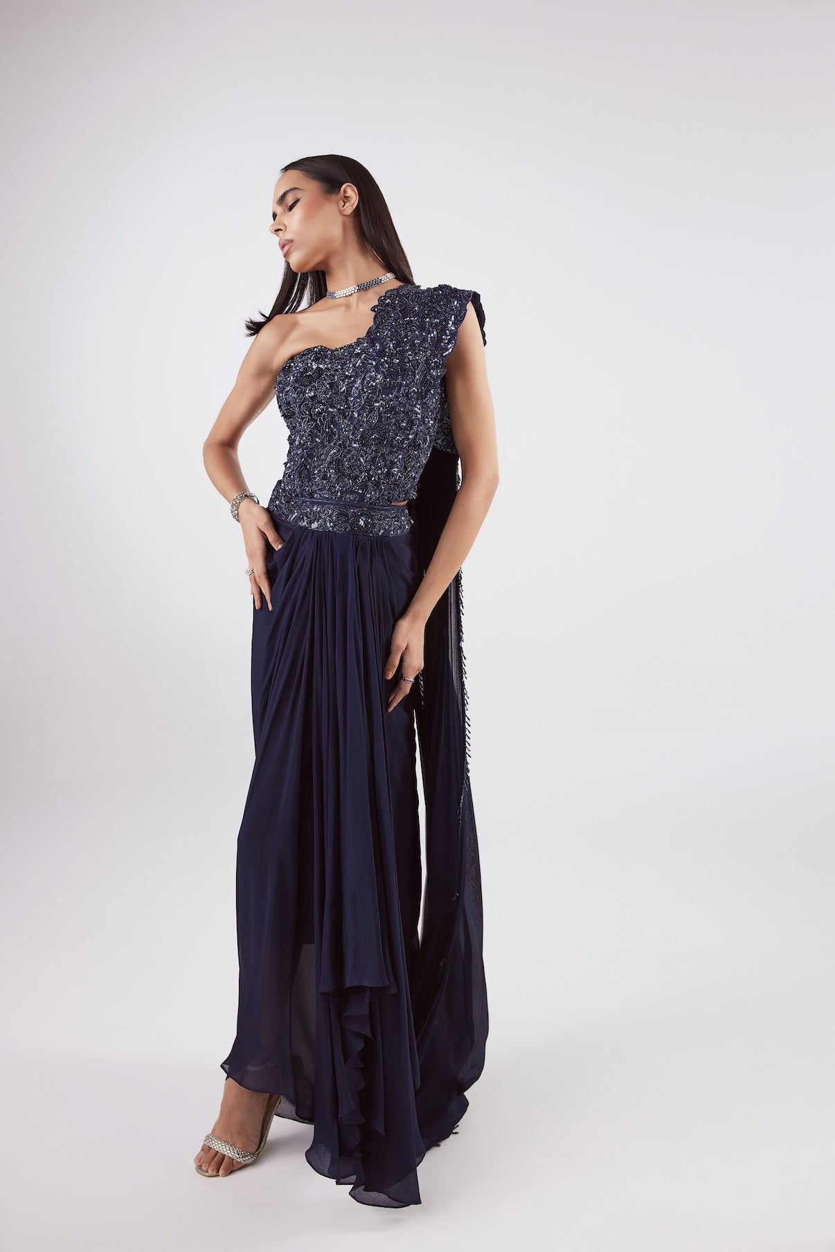 NAVY CORSET DRAPE SAREE SET