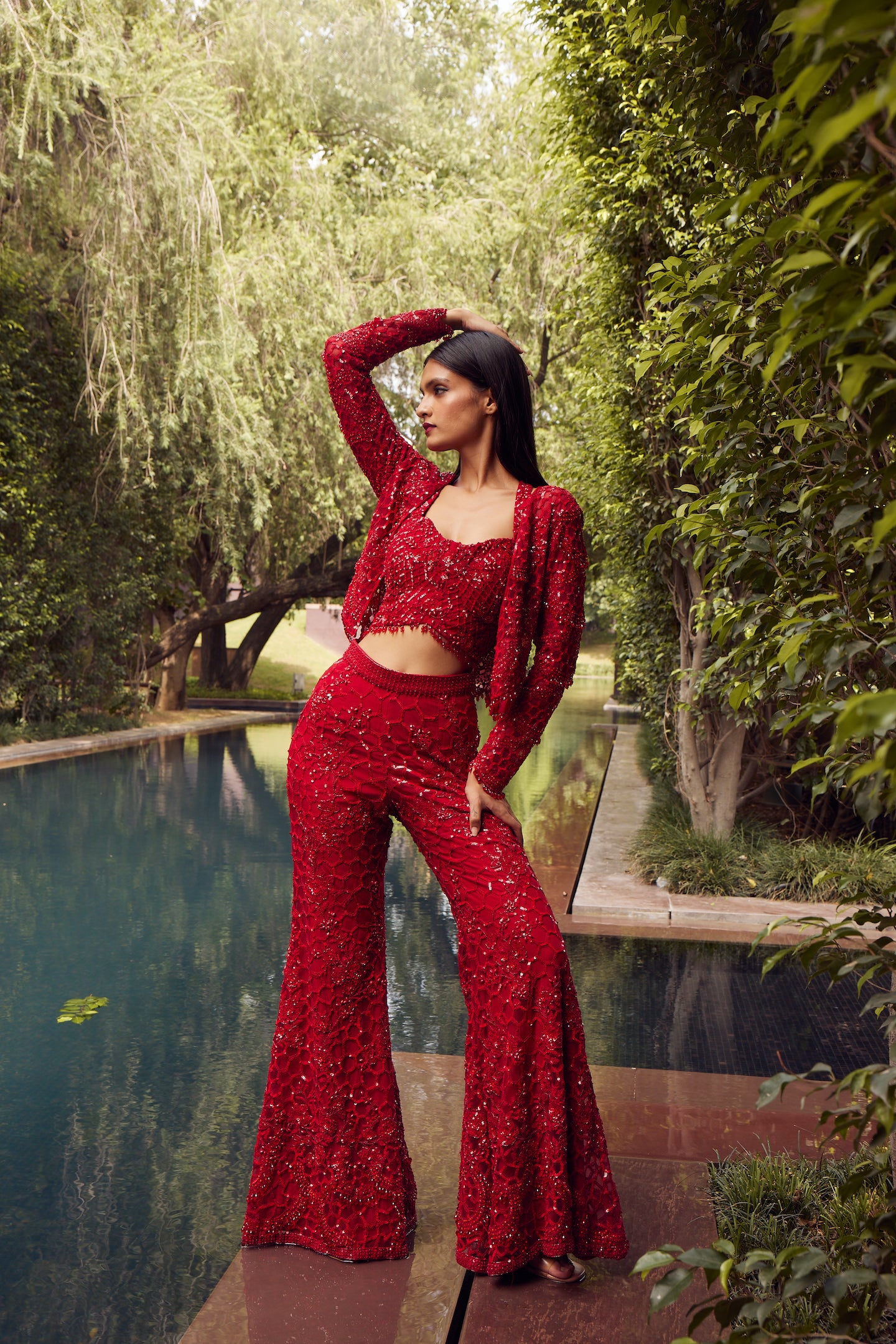 RED INDOWESTERN SHORT JACKET SET WITH FLAIRED PANTS