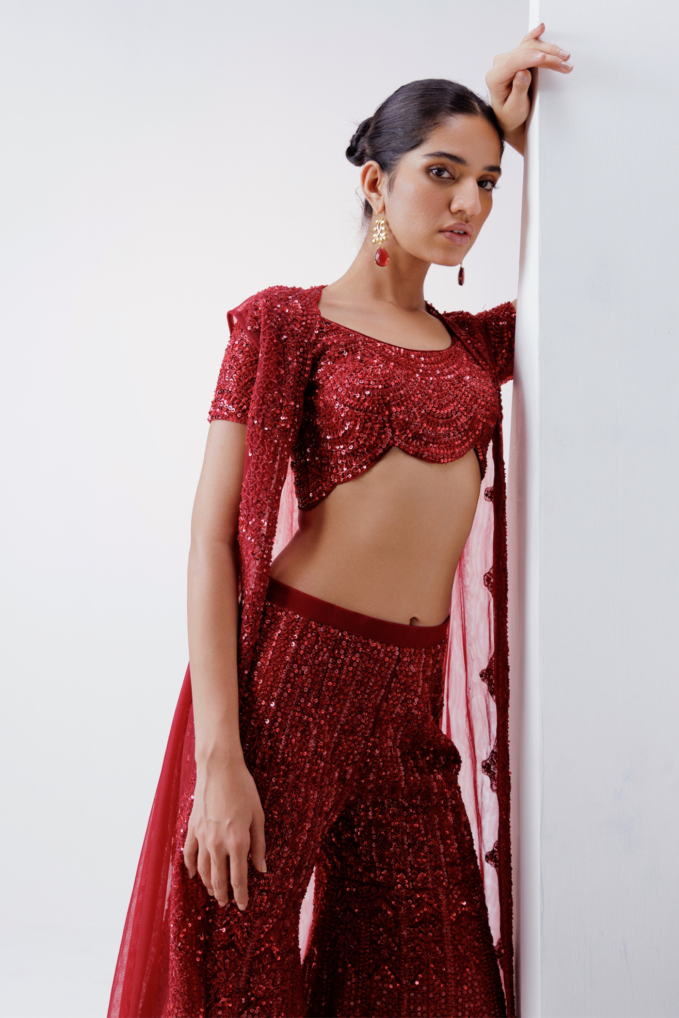 RED INDO WESTERN JACKET SET WITH FLARED PANTS