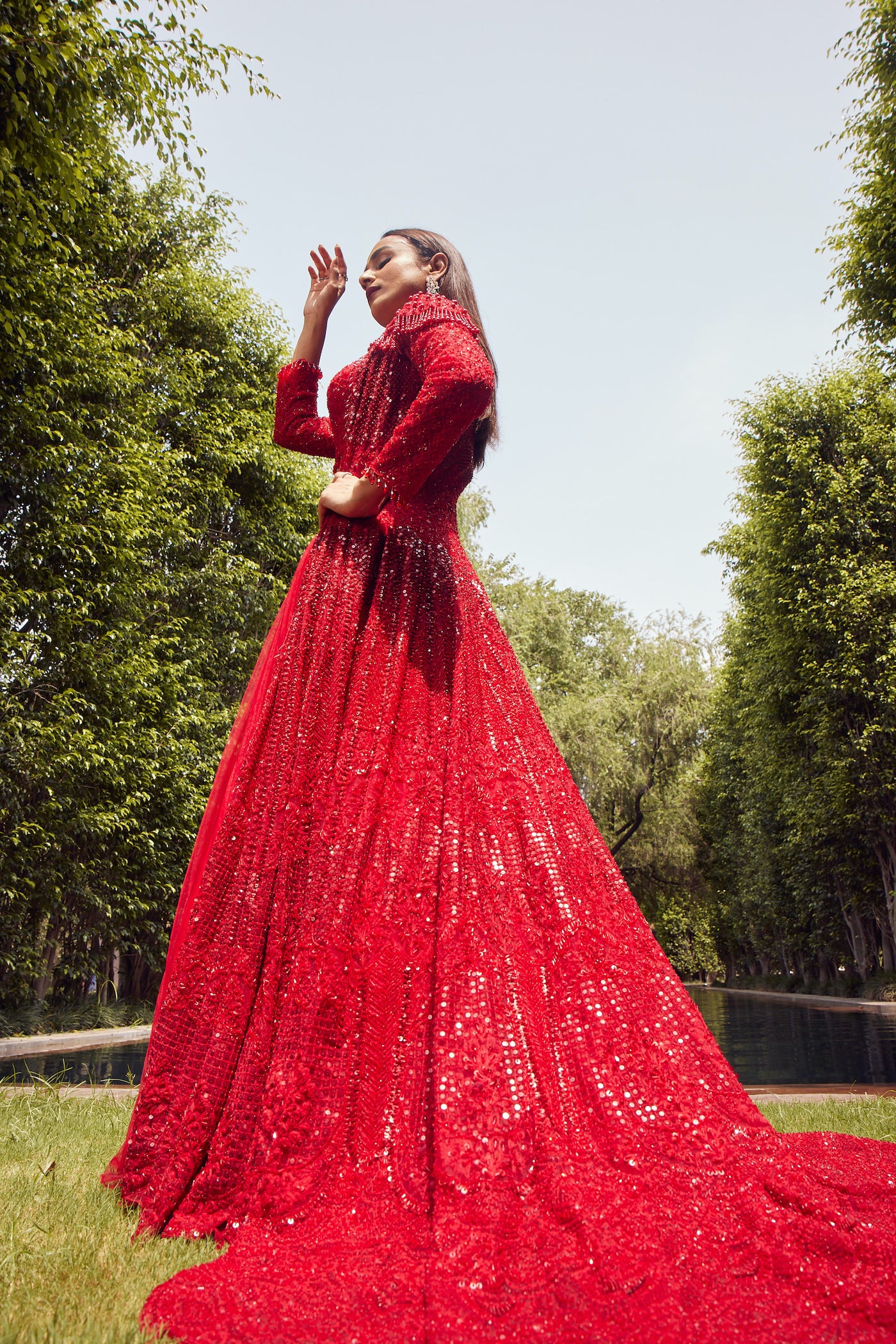 RED TRAIL JACKET GOWN WITH NET SKIRT