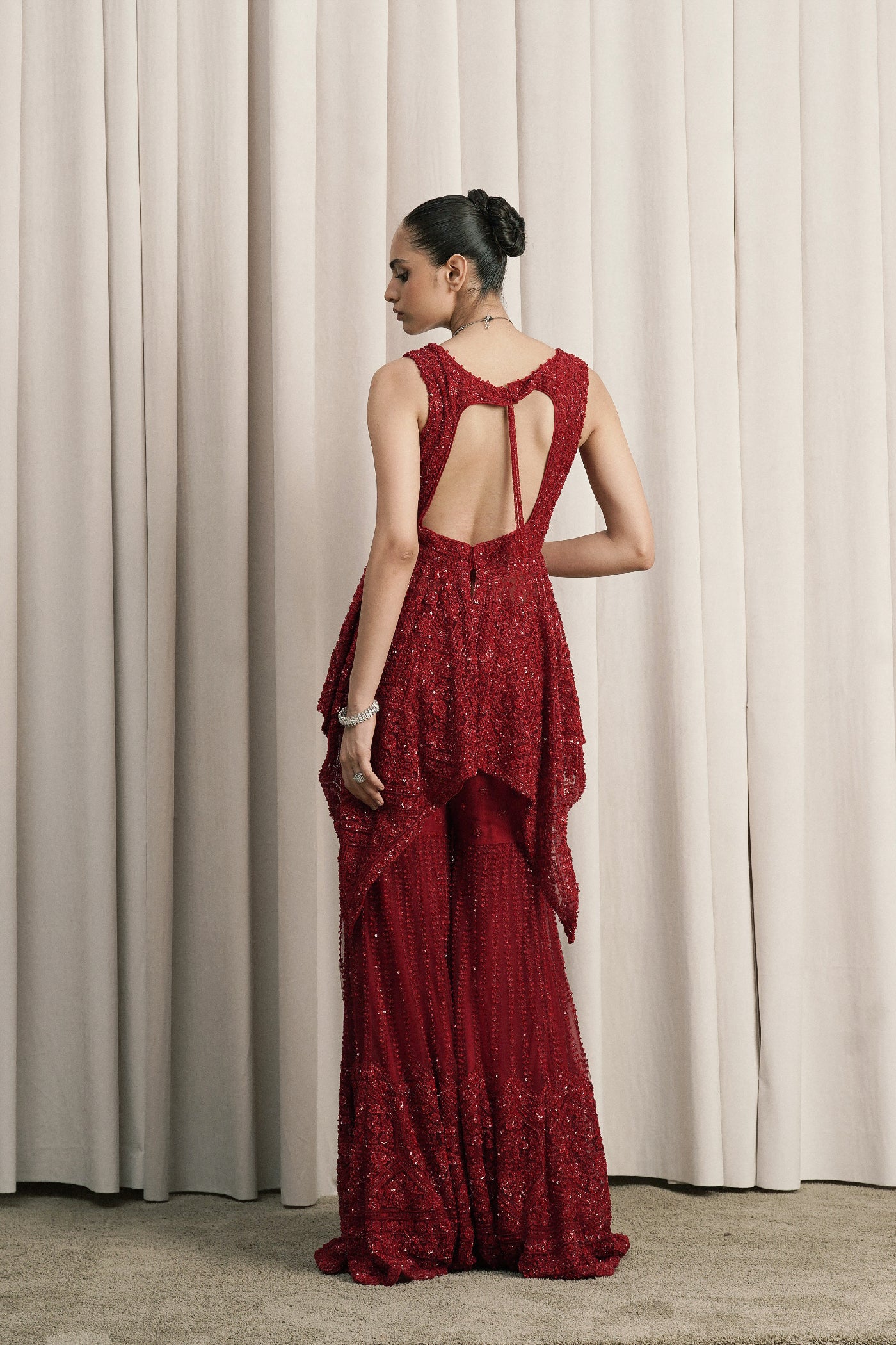 RED EMBROIDERED NET SHARARA SET WITH DUPATTA