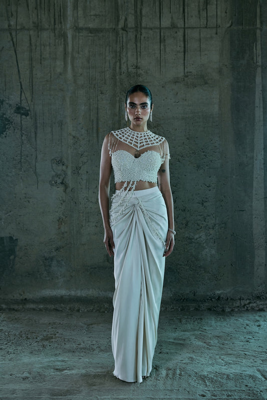 IVORY PEARL CORSET PAIRED WITH CAPE AND SKIRT