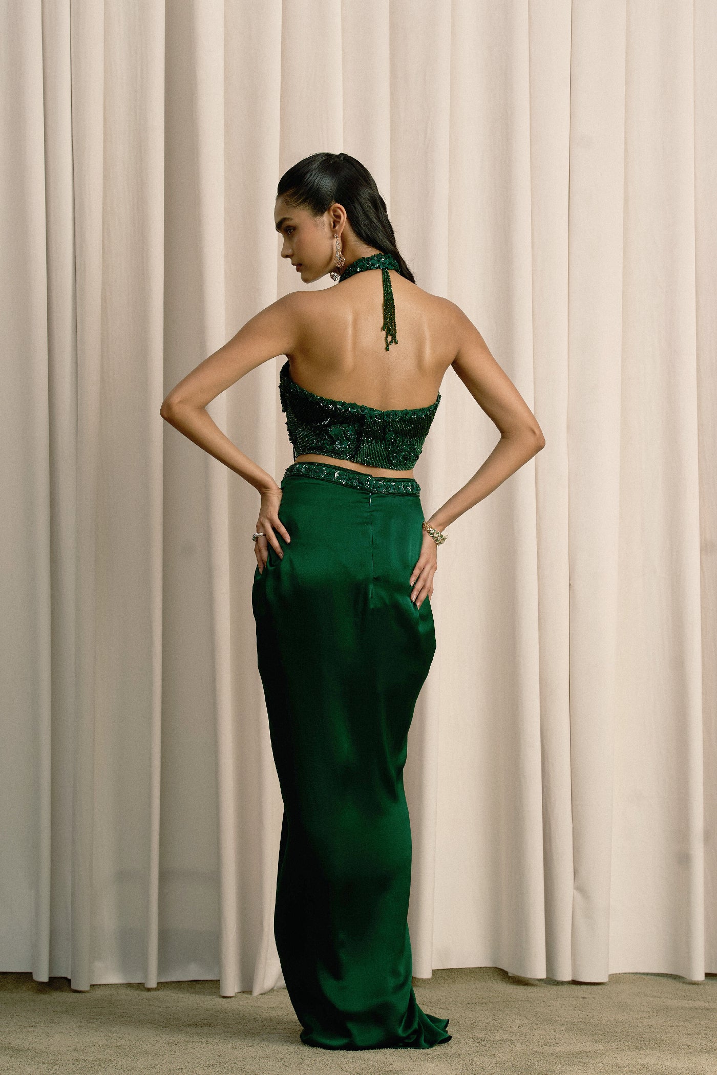 EMERALD GREEN HALTER TOP WITH PLEATED SKIRT