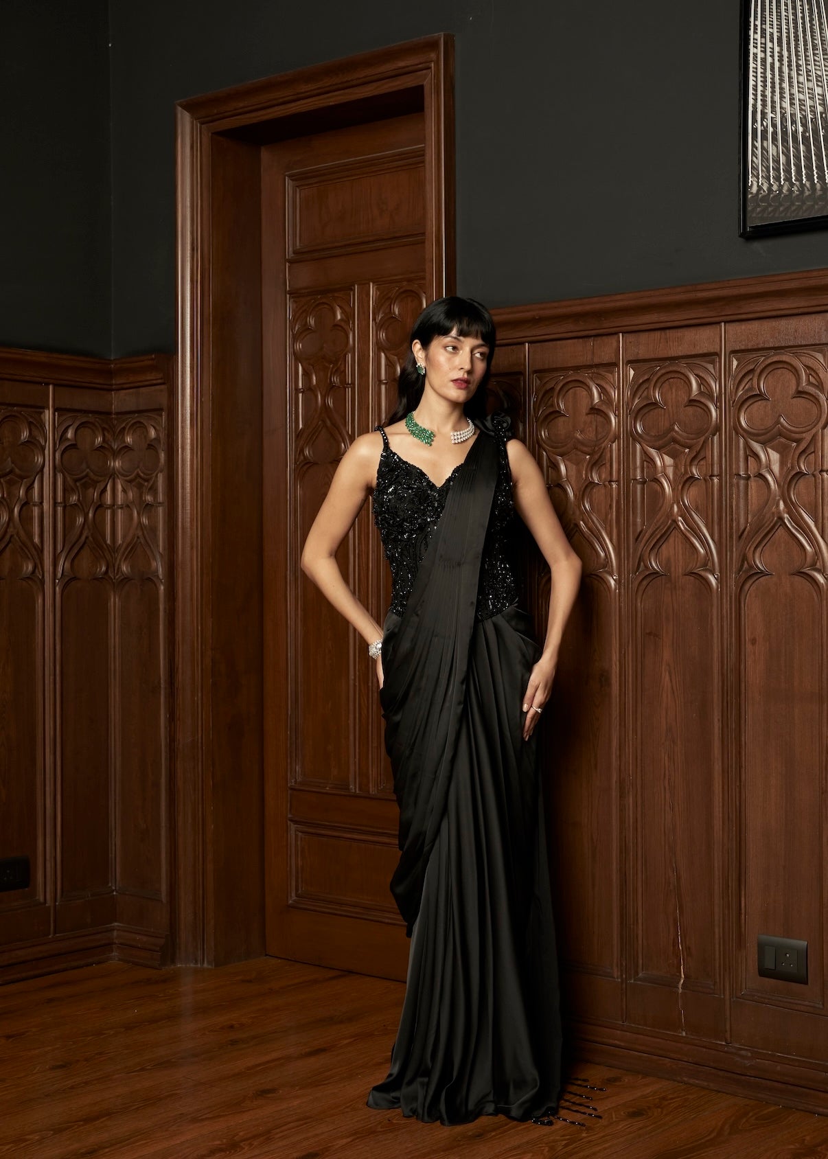 BLACK COCKTAIL CORSET DRAPE SAREE
