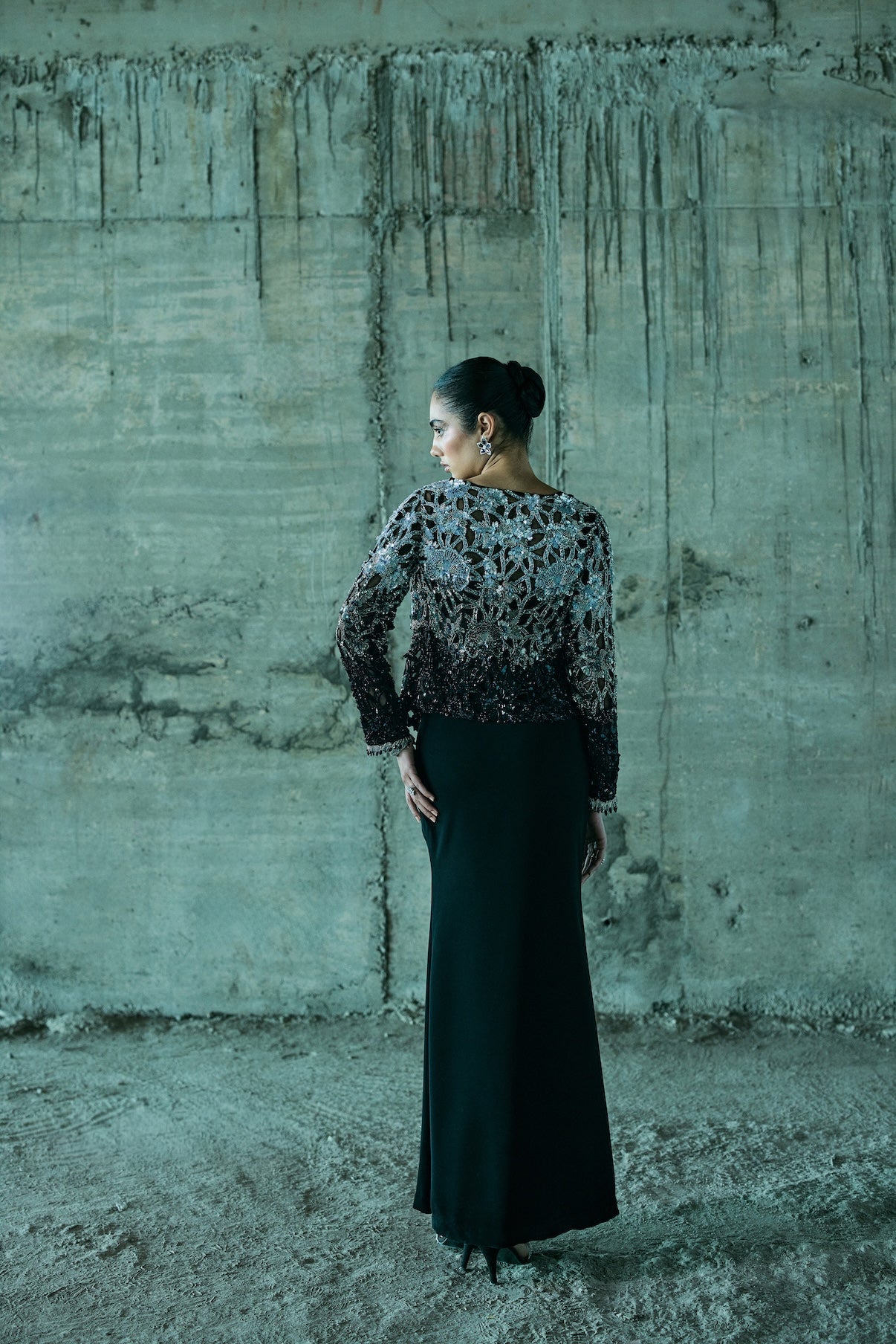 BLACK SHADED-CUTWORK JACKET SET WITH CORSET AND SLIT SKIRT