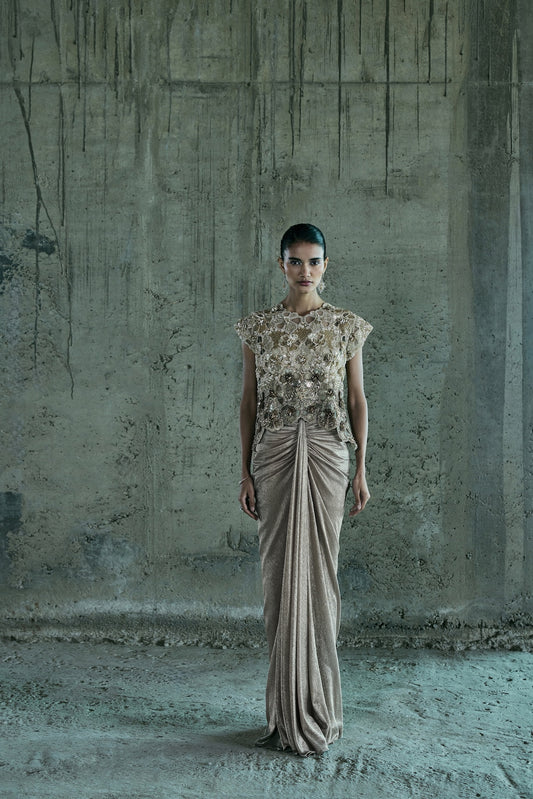 BEIGE SHADED CUTWORK TOP AND SKIRT SET