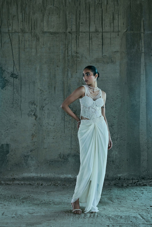 IVORY PEARL EMBELLISHED CORSET WITH SKIRT SET