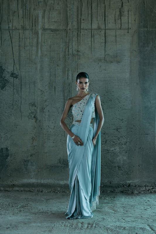 ICE BLUE STONE EMBELLISHED BUSTIER PAIRED WITH DRAPE SAREE