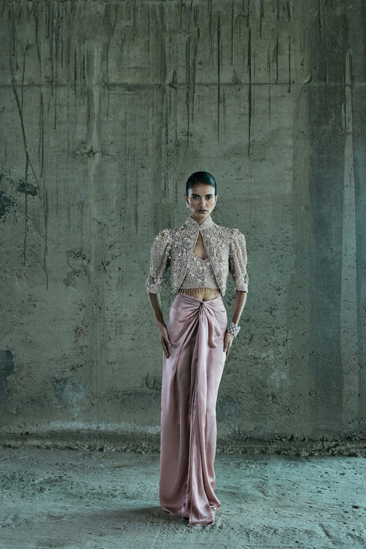 ROSE GOLD SHORT JACKET SET WITH BUSTIER AND SKIRT