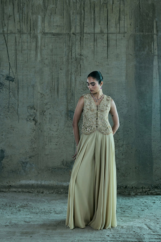 BEIGE WAISTCOAT JACKET WITH PANT SET